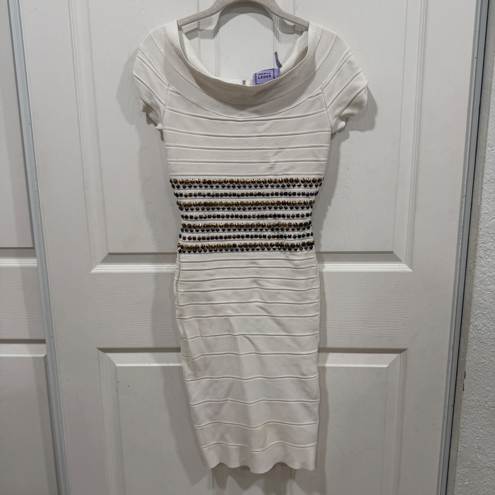 Herve Leger White Studded Bandage Dress Off Shoulder Bodycon XS